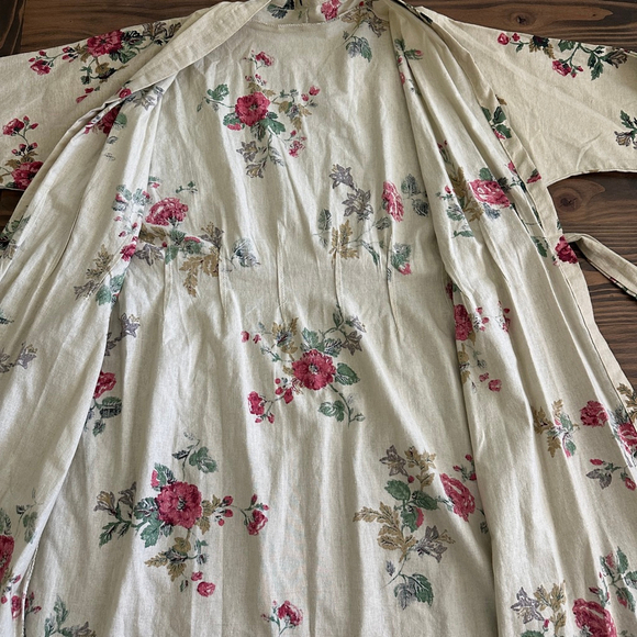 Handmade Women’s Floral Robe Linen Blend Tan/Red Size M Wrap Belted Kimono Style - Picture 7 of 10